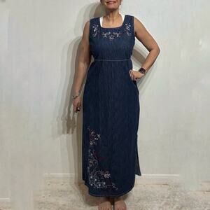 Studio Ease Blue Denim Floral Embroidered Vintage Maxi Dress Sz 12